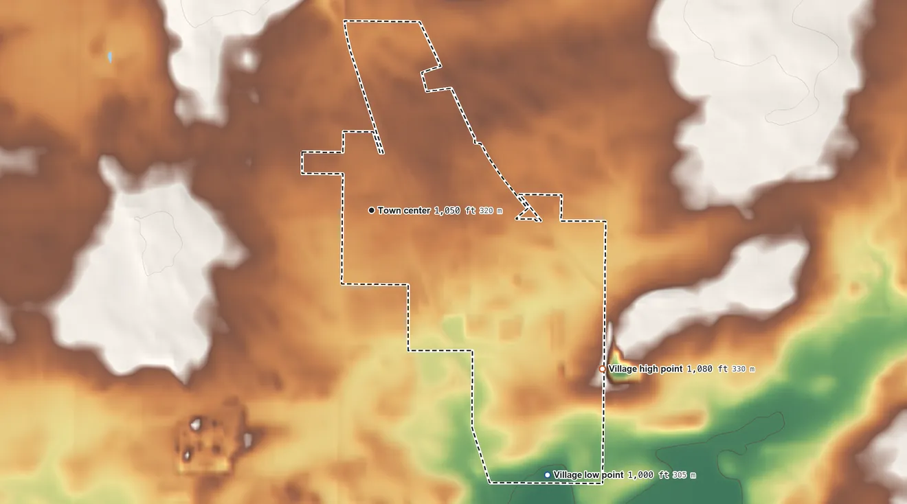 Topographic elevation map of Arlington, Wisconsin, shaded from 1,000 ft on the southeast side to 1,080 ft on the southeast side