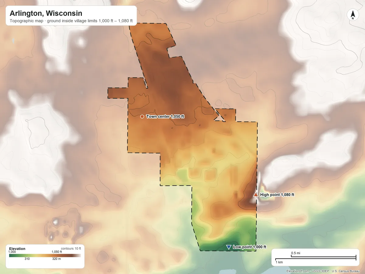 Topographic elevation map of Arlington, Wisconsin, shaded from 1,000 ft on the southeast side to 1,080 ft on the southeast side