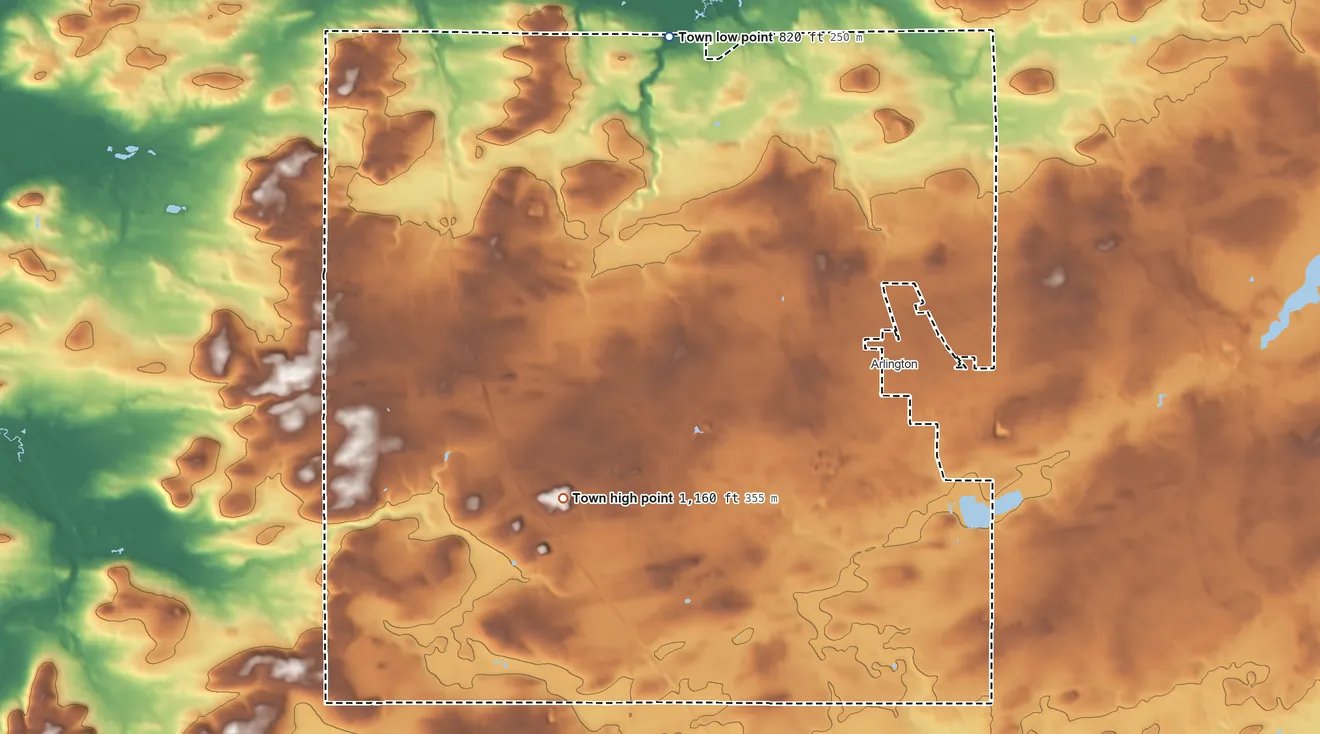 Topographic elevation map of Town of Arlington, Wisconsin, shaded from 820 ft on the north side to 1,160 ft on the south side