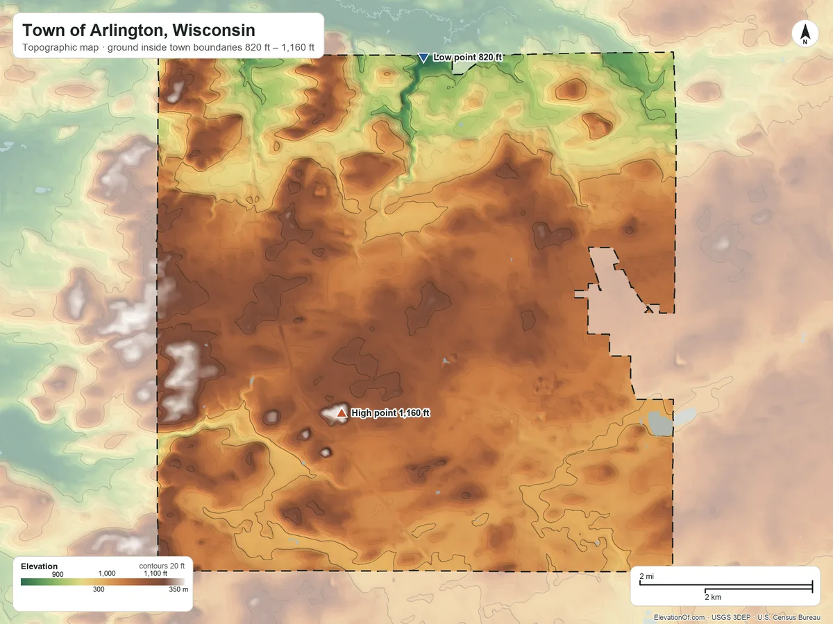 Topographic elevation map of Town of Arlington, Wisconsin, shaded from 820 ft on the north side to 1,160 ft on the south side