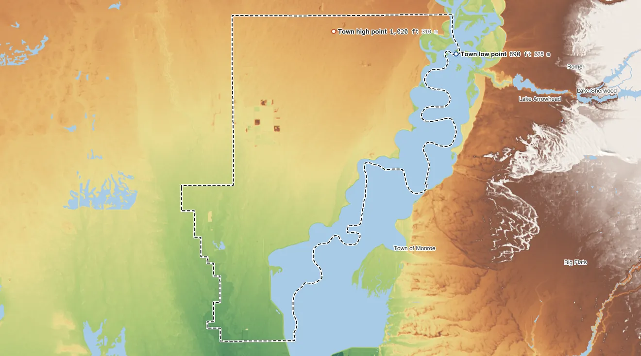 Topographic elevation map of Armenia, Wisconsin, shaded from 890 ft on the northeast side to 1,020 ft on the north side