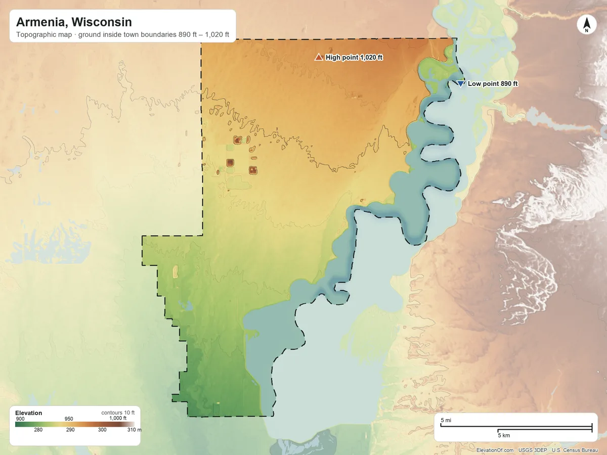 Topographic elevation map of Armenia, Wisconsin, shaded from 890 ft on the northeast side to 1,020 ft on the north side