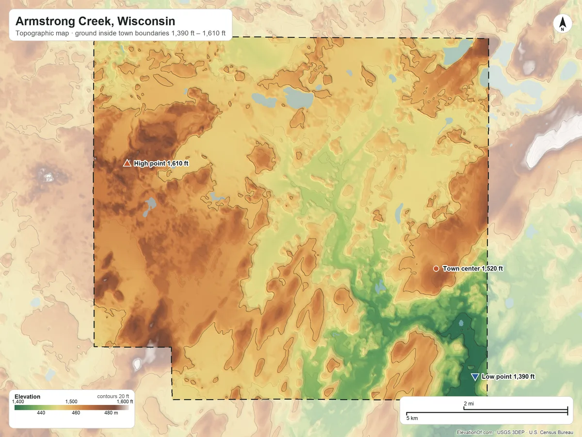 Topographic elevation map of Armstrong Creek, Wisconsin, shaded from 1,390 ft on the south side to 1,610 ft on the west side