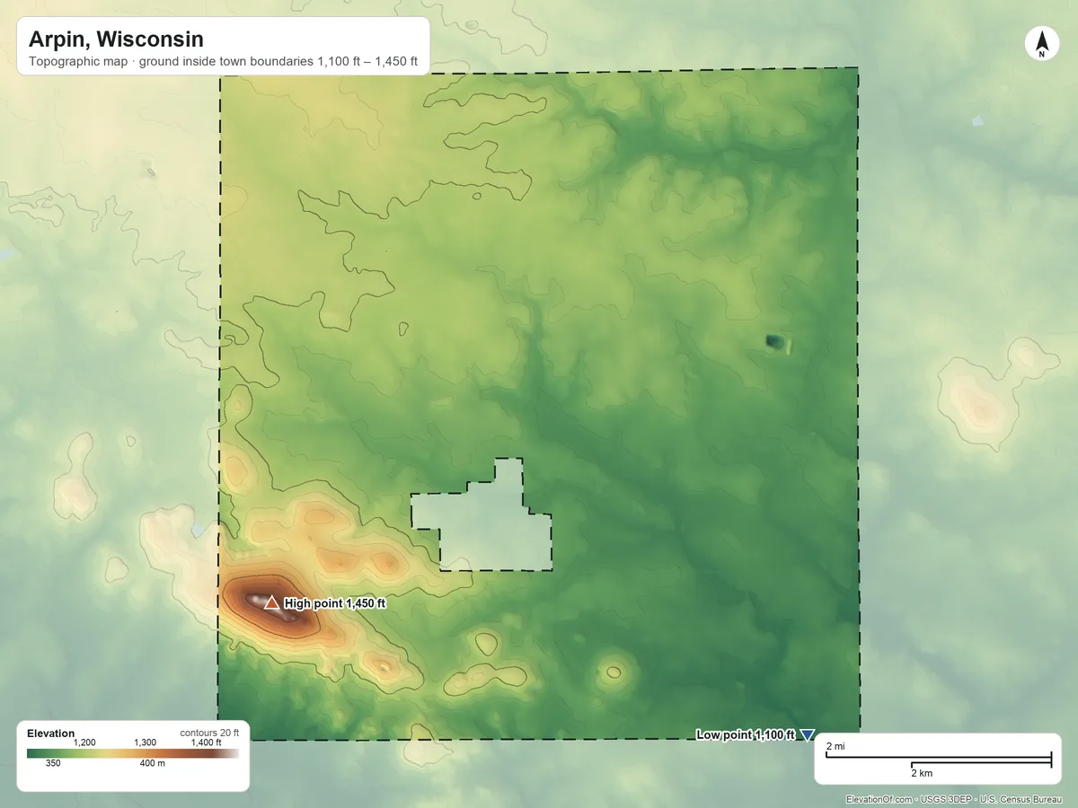 Topographic elevation map of Arpin, Wisconsin, shaded from 1,100 ft on the southeast side to 1,450 ft on the southwest side