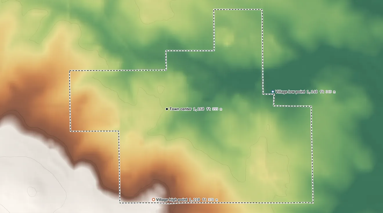 Topographic elevation map of Village of Arpin, Wisconsin, shaded from 1,140 ft on the east side to 1,210 ft on the south side