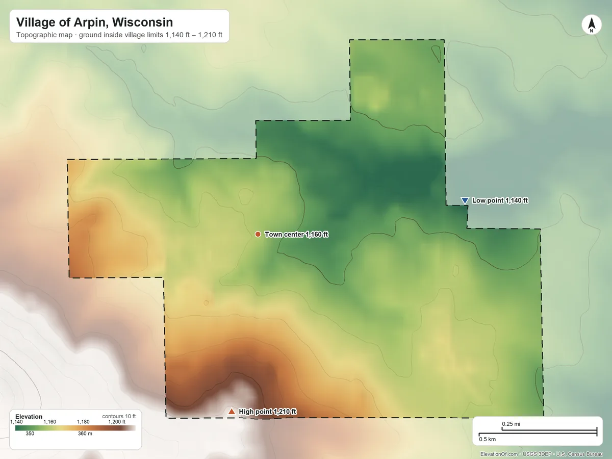 Topographic elevation map of Village of Arpin, Wisconsin, shaded from 1,140 ft on the east side to 1,210 ft on the south side