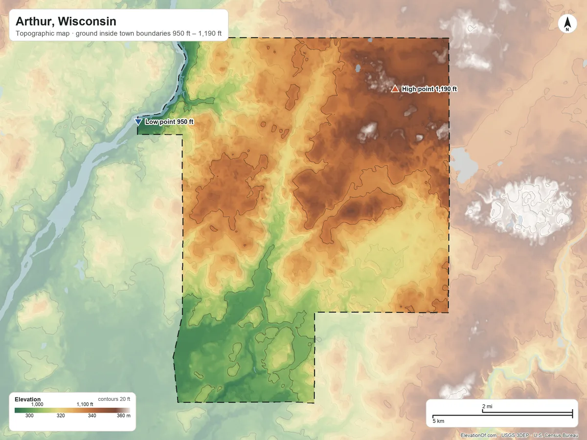 Topographic elevation map of Arthur, Wisconsin, shaded from 950 ft on the northwest side to 1,190 ft on the northeast side