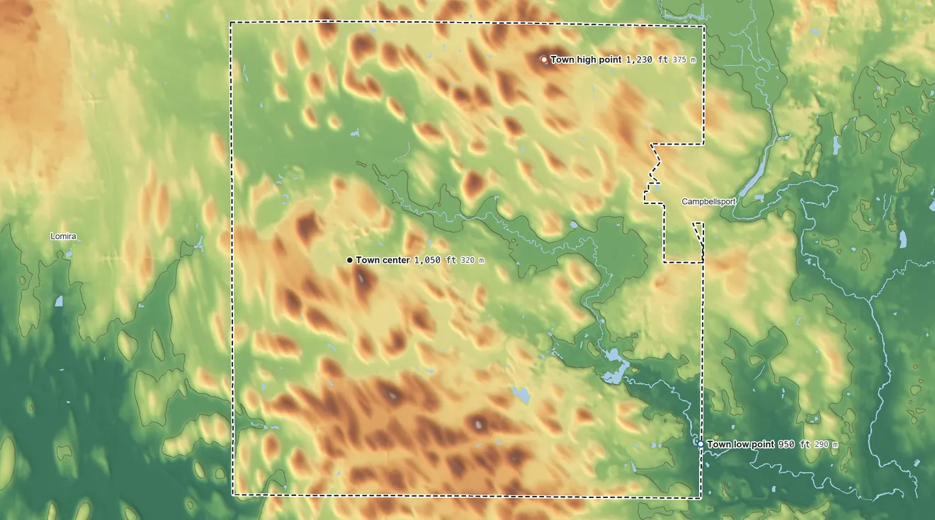 Topographic elevation map of Ashford, Wisconsin, shaded from 950 ft on the southeast side to 1,230 ft on the northeast side