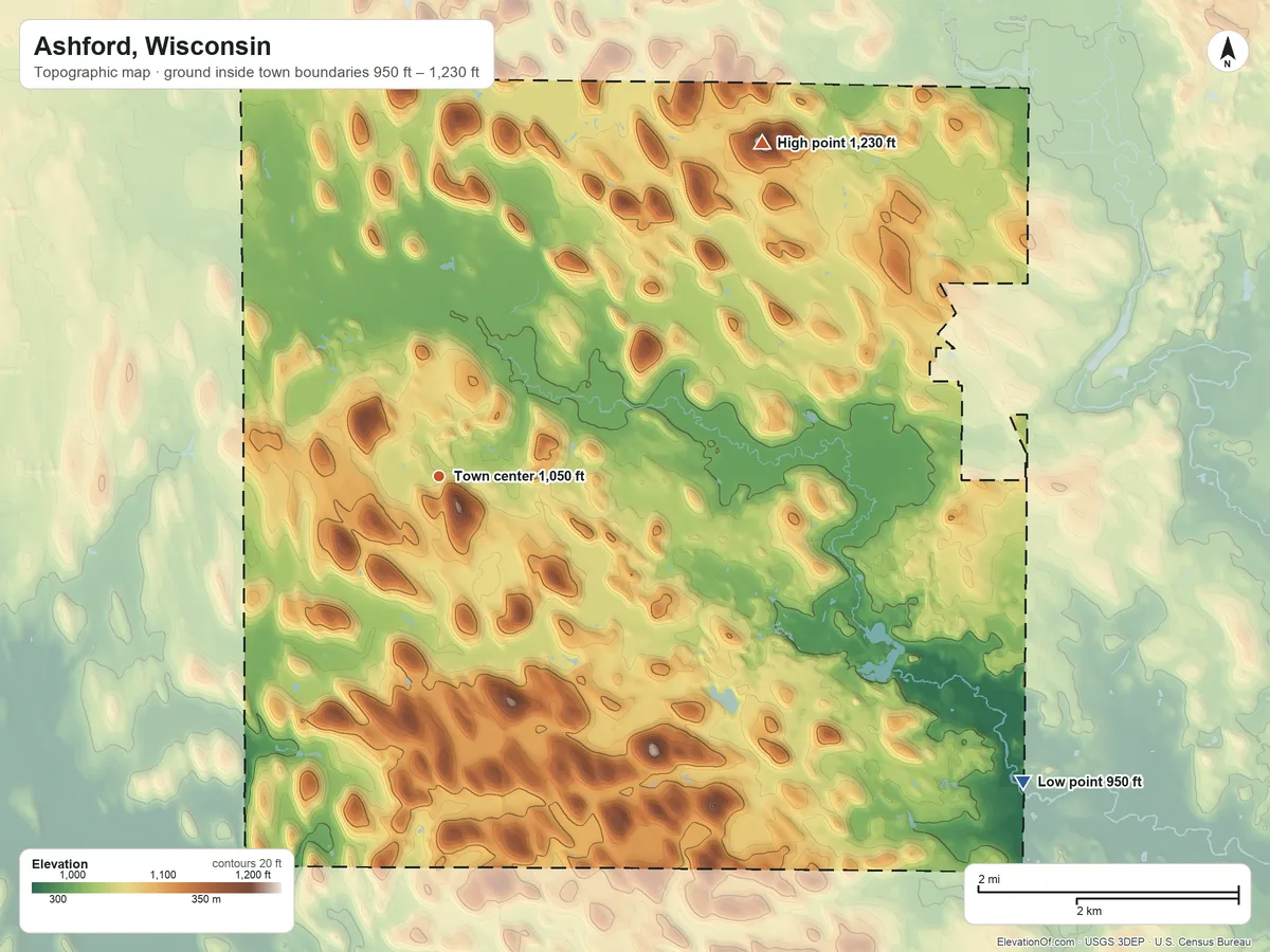 Topographic elevation map of Ashford, Wisconsin, shaded from 950 ft on the southeast side to 1,230 ft on the northeast side