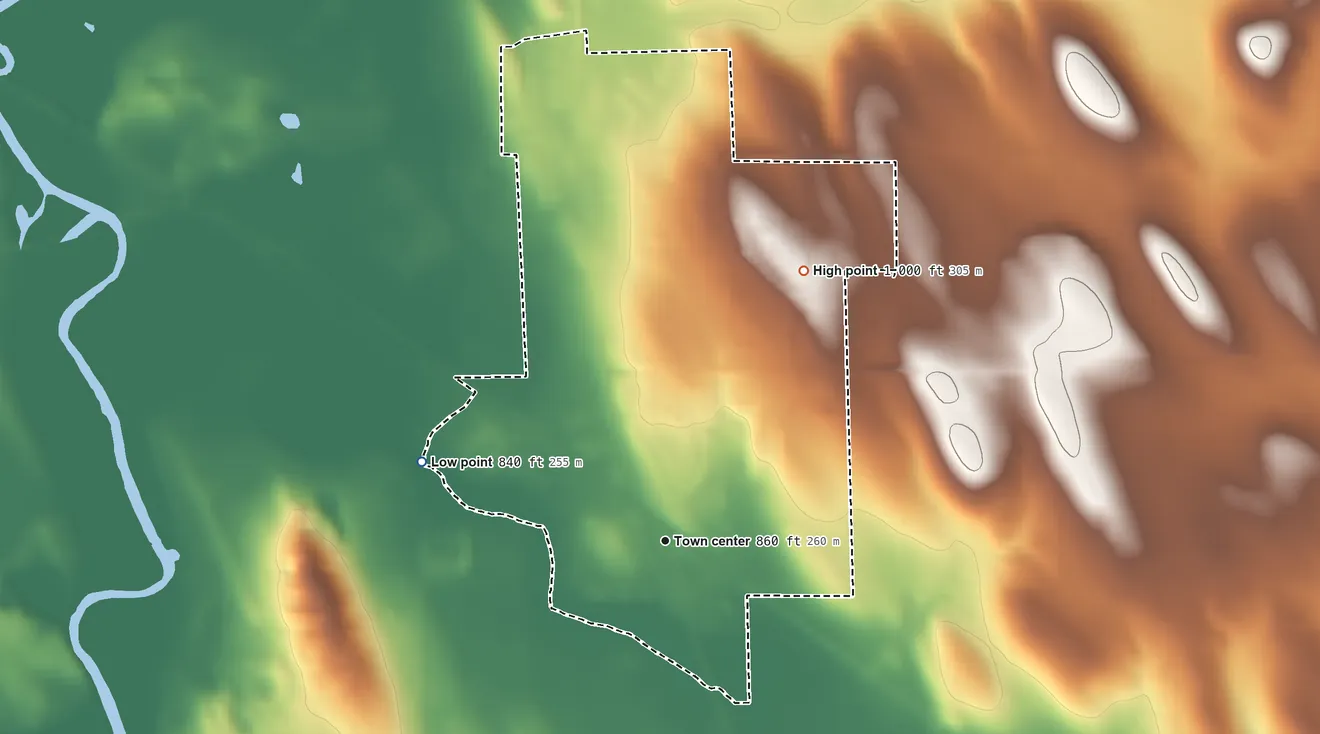 Topographic elevation map of Ashippun, Dodge County, Wisconsin, shaded from 840 ft on the west side to 1,000 ft on the northeast side