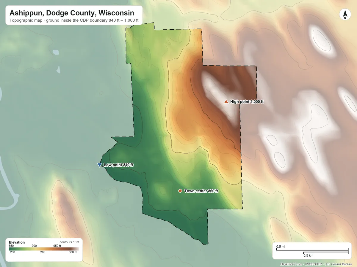 Topographic elevation map of Ashippun, Dodge County, Wisconsin, shaded from 840 ft on the west side to 1,000 ft on the northeast side