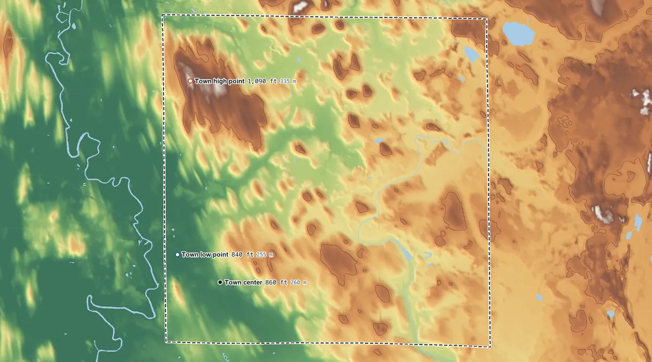 Topographic elevation map of Ashippun, Wisconsin, shaded from 840 ft on the northwest side to 1,090 ft on the north side