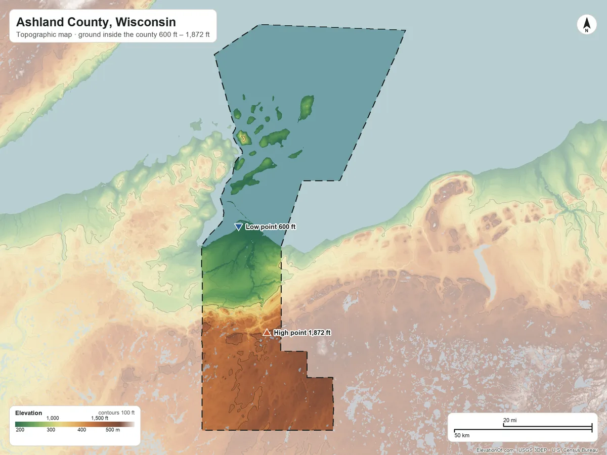 Topographic elevation map of Ashland County, Wisconsin, shaded from 600 ft on the west side to 1,872 ft on Mount Whittlesey