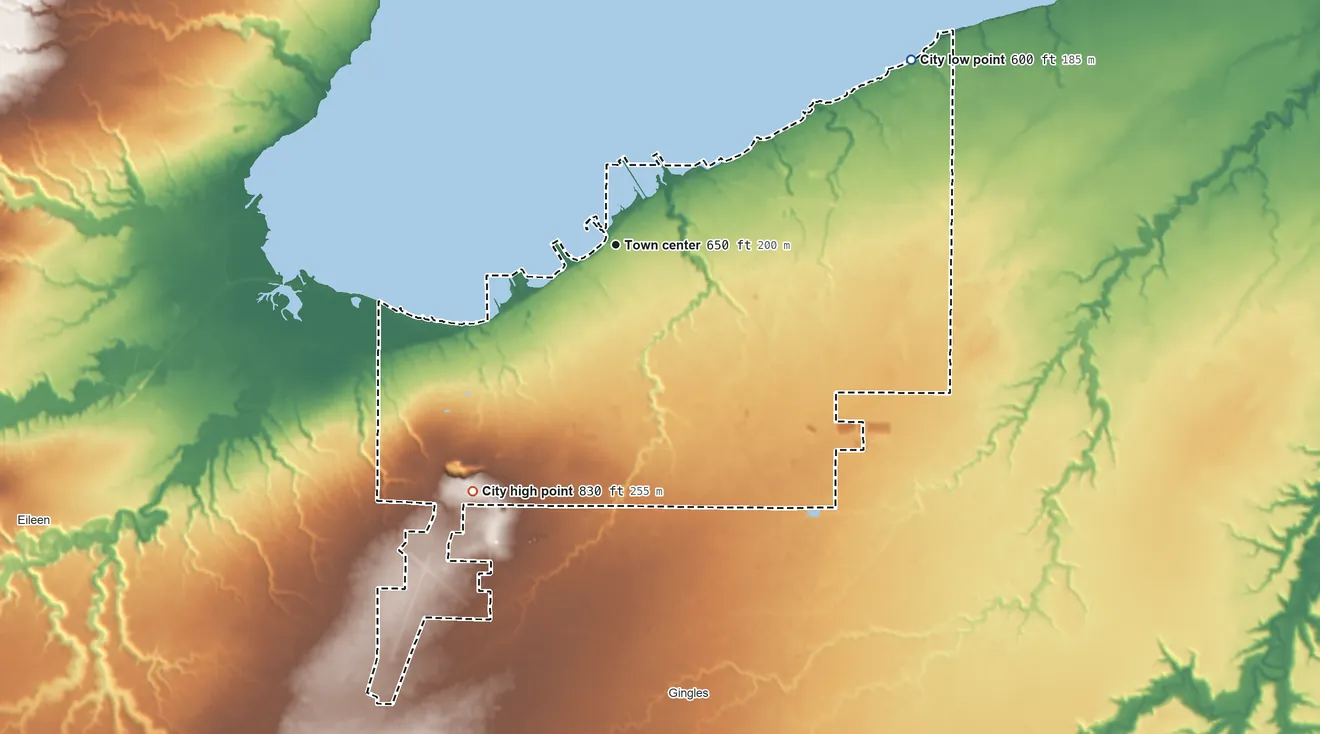 Topographic elevation map of Ashland, Wisconsin, shaded from 600 ft on the northeast side to 830 ft on the southwest side