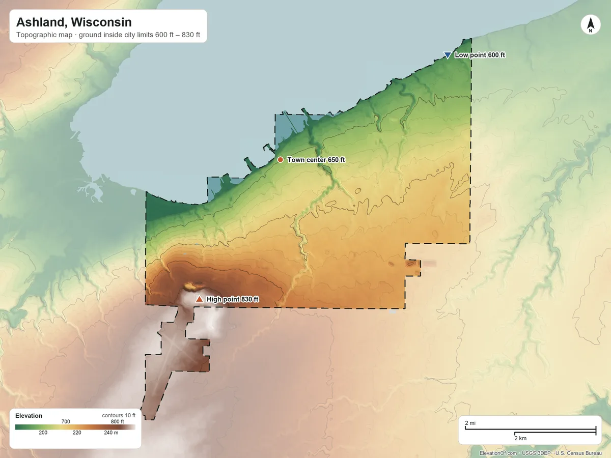 Topographic elevation map of Ashland, Wisconsin, shaded from 600 ft on the northeast side to 830 ft on the southwest side