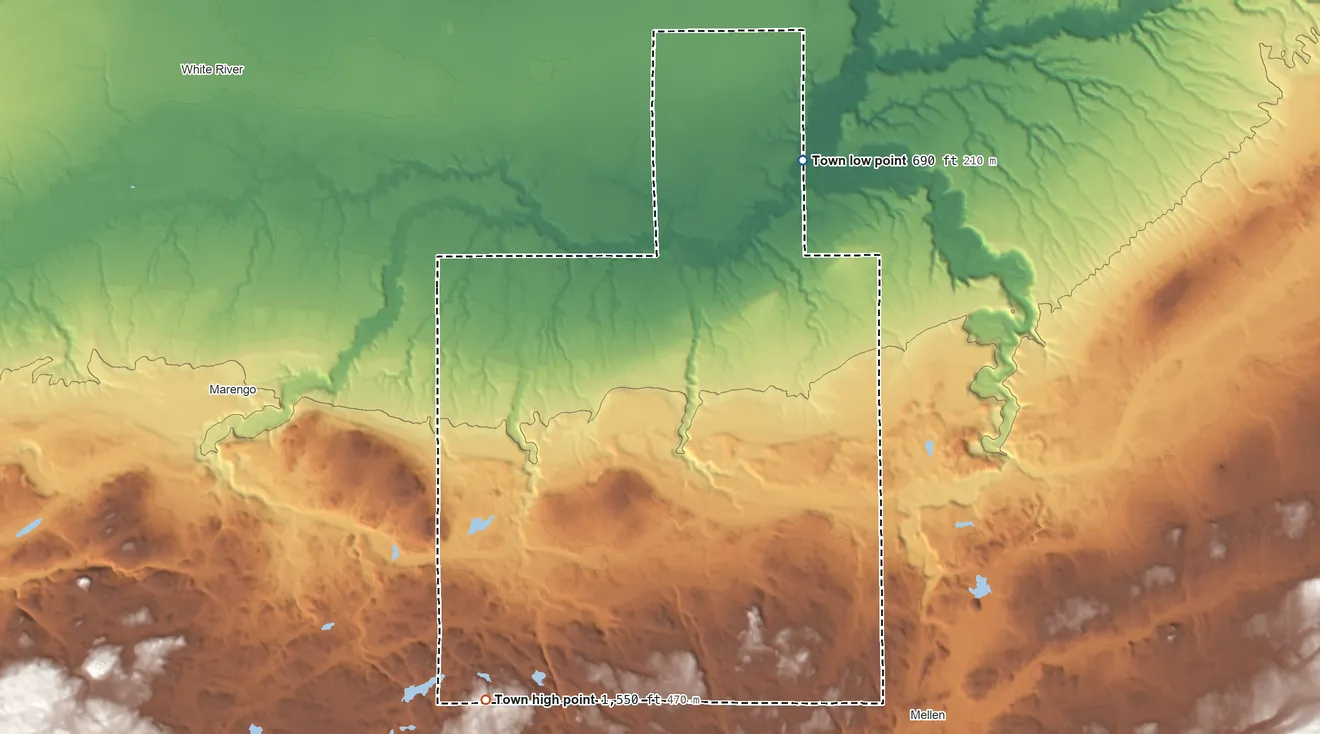 Topographic elevation map of Town of Ashland, Wisconsin, shaded from 690 ft on the northeast side to 1,550 ft on the southwest side