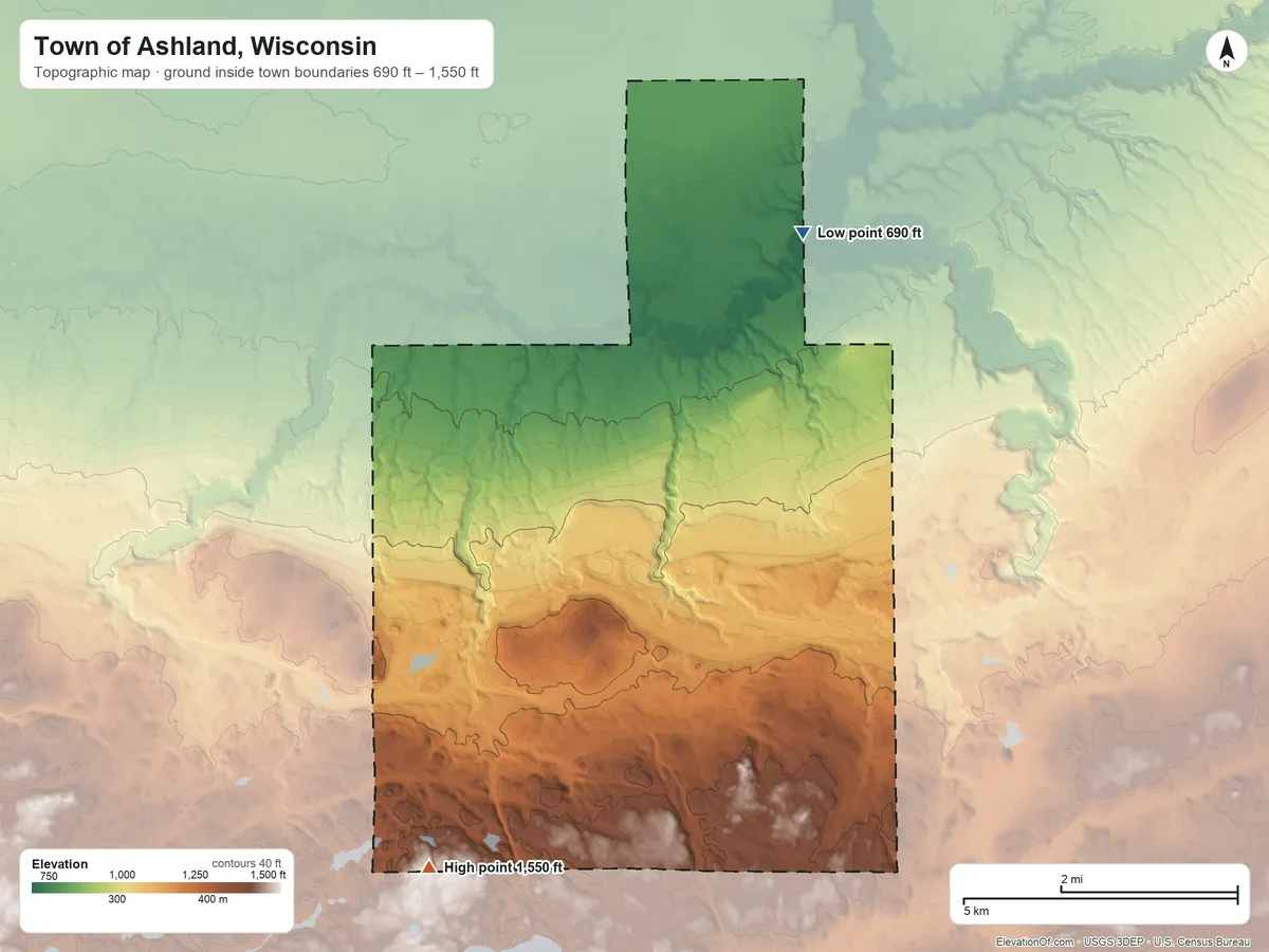 Topographic elevation map of Town of Ashland, Wisconsin, shaded from 690 ft on the northeast side to 1,550 ft on the southwest side