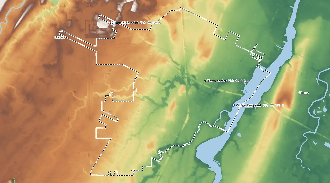 Topographic elevation map of Ashwaubenon, Wisconsin, shaded from 580 ft on the southeast side to 740 ft on the northwest side