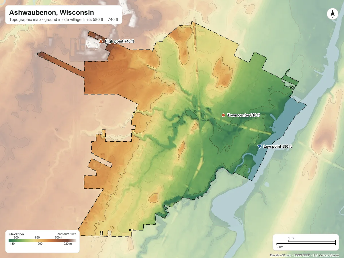 Topographic elevation map of Ashwaubenon, Wisconsin, shaded from 580 ft on the southeast side to 740 ft on the northwest side