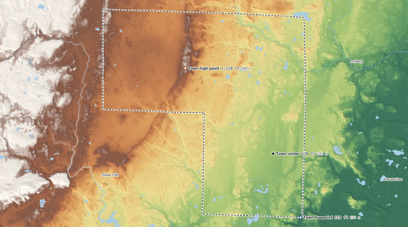 Topographic elevation map of Athelstane, Wisconsin, shaded from 820 ft on the southeast side to 1,310 ft on the northwest side