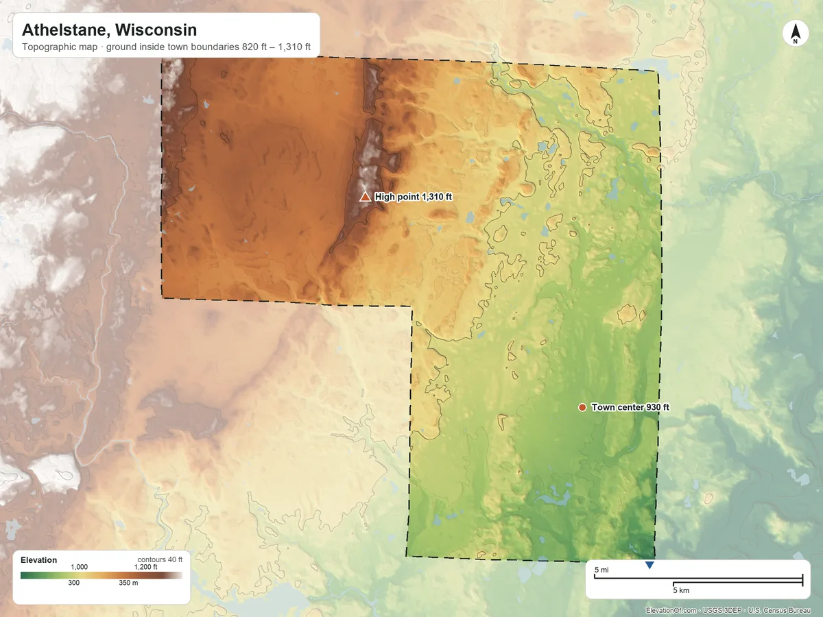 Topographic elevation map of Athelstane, Wisconsin, shaded from 820 ft on the southeast side to 1,310 ft on the northwest side
