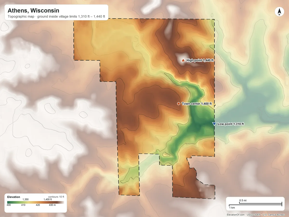 Topographic elevation map of Athens, Wisconsin, shaded from 1,310 ft on the southeast side to 1,440 ft on the north side