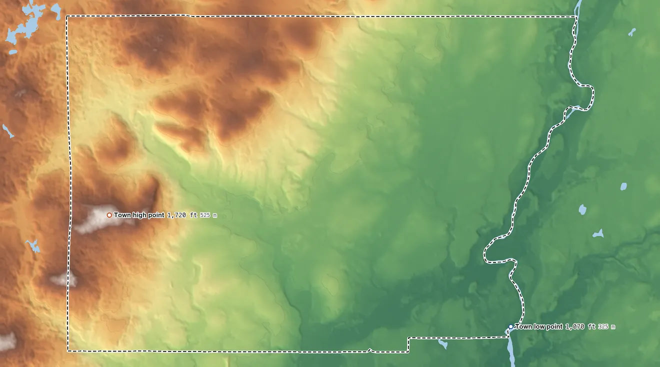 Topographic elevation map of Atlanta, Wisconsin, shaded from 1,070 ft on the southeast side to 1,720 ft on the west side