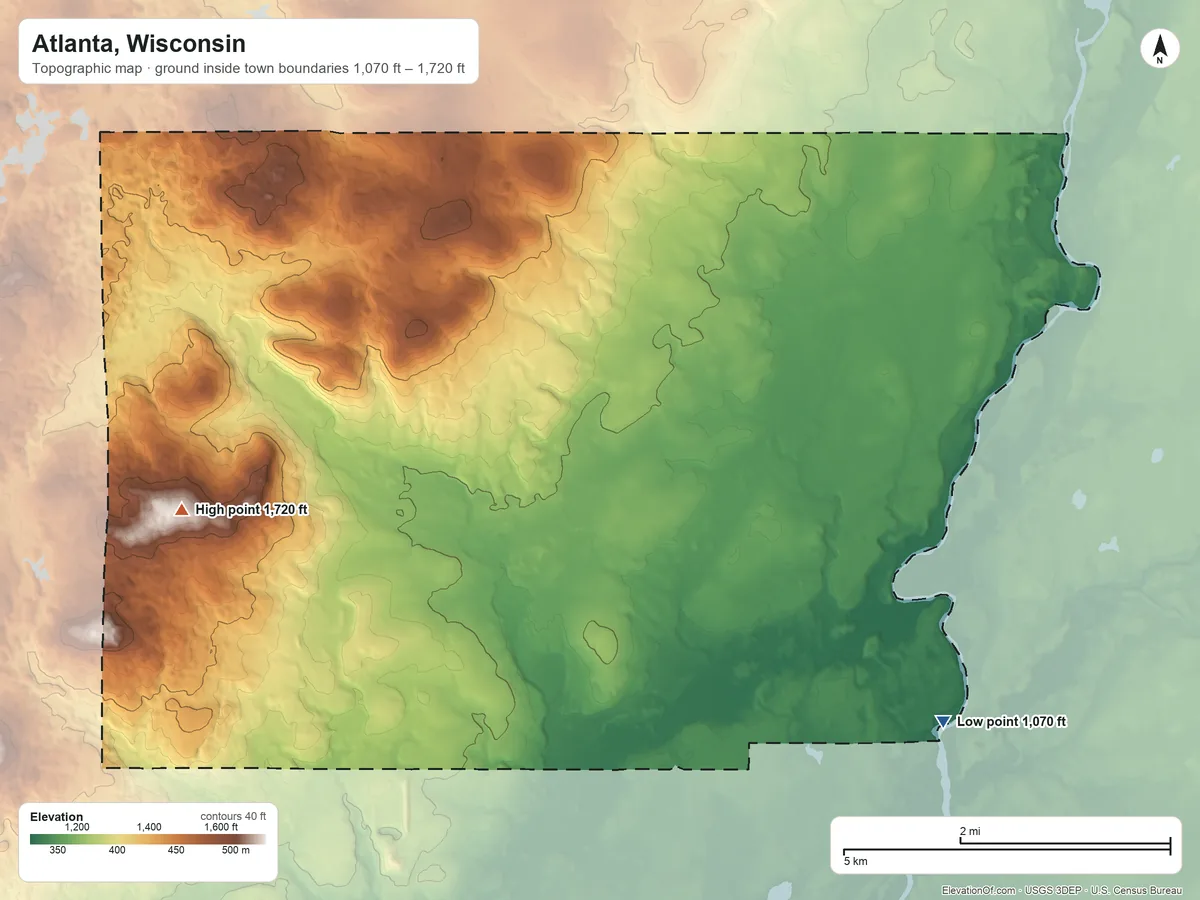 Topographic elevation map of Atlanta, Wisconsin, shaded from 1,070 ft on the southeast side to 1,720 ft on the west side