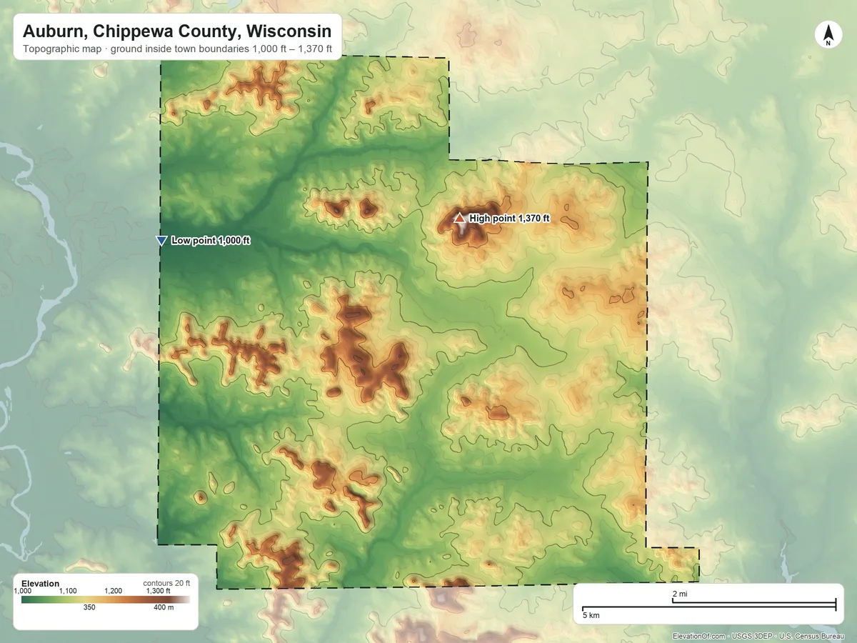 Topographic elevation map of Auburn, Chippewa County, Wisconsin, shaded from 1,000 ft on the west side to 1,370 ft near the middle