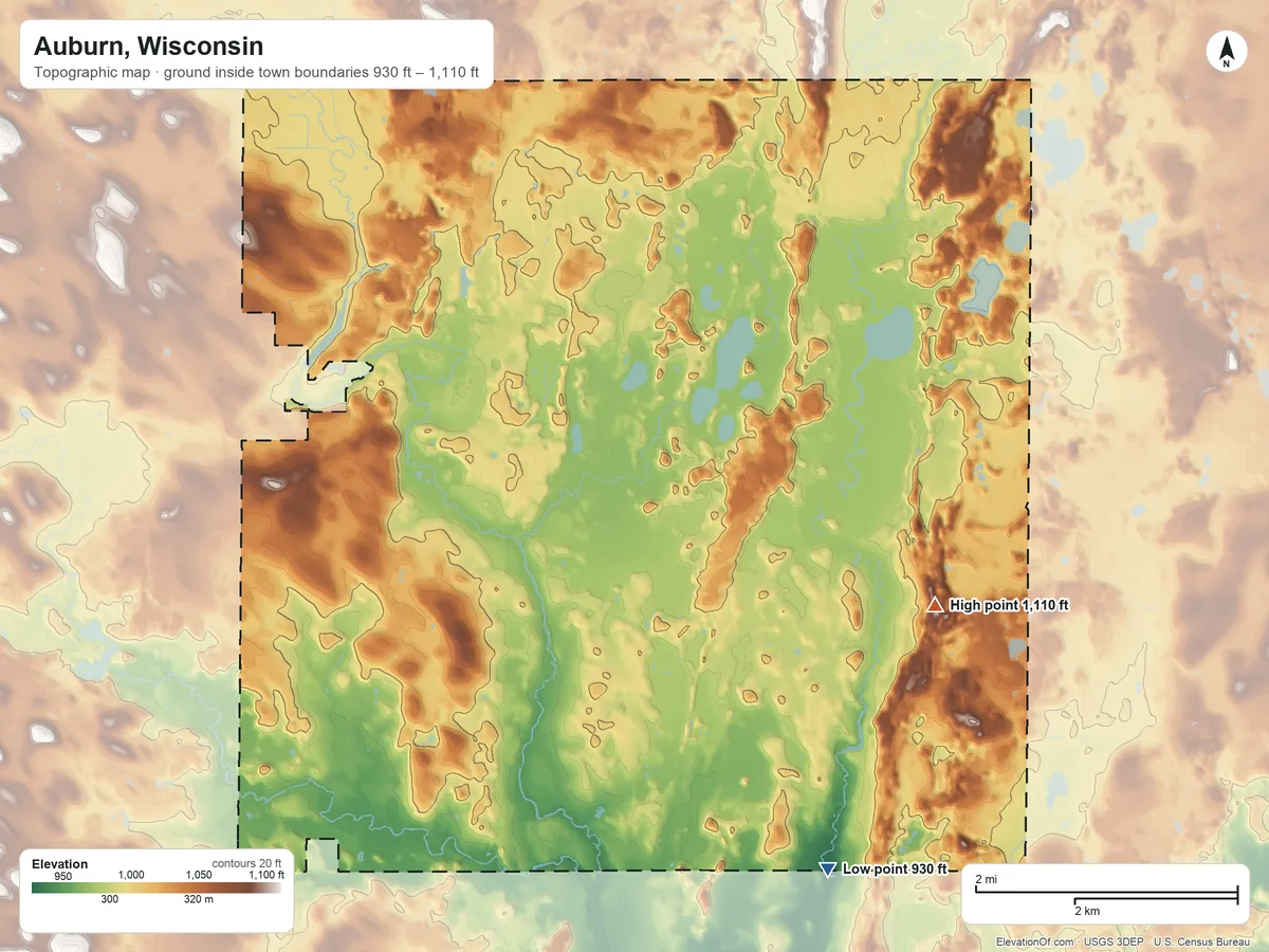 Topographic elevation map of Auburn, Wisconsin, shaded from 930 ft on the southeast side to 1,110 ft on the east side