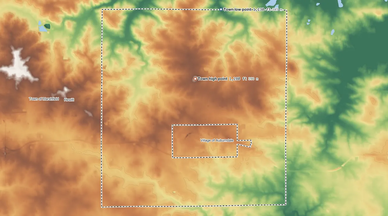 Topographic elevation map of Auburndale, Wisconsin, shaded from 1,130 ft on the north side to 1,280 ft on the north side