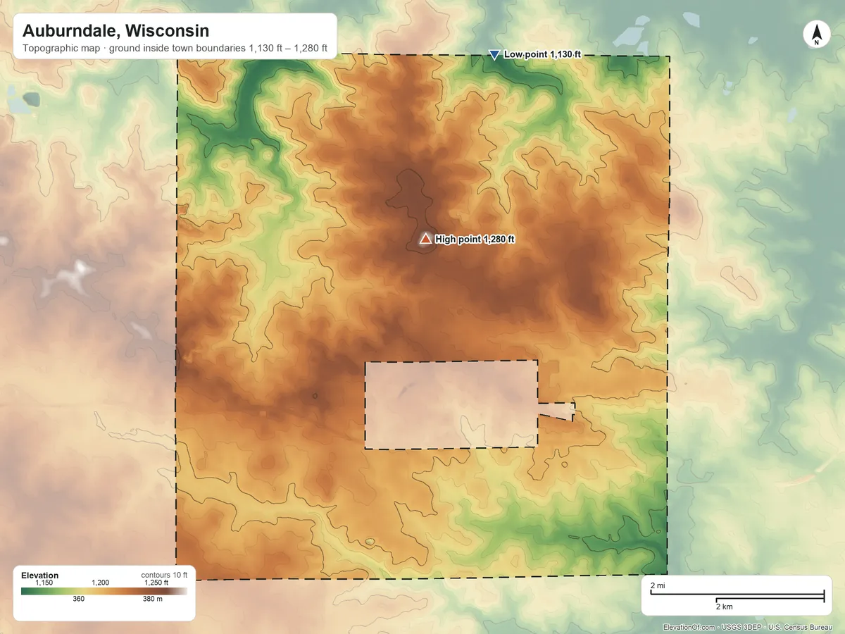 Topographic elevation map of Auburndale, Wisconsin, shaded from 1,130 ft on the north side to 1,280 ft on the north side
