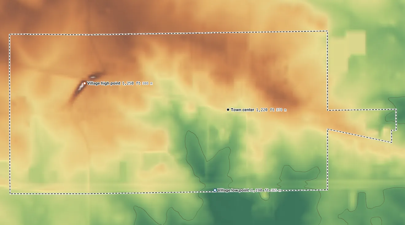 Topographic elevation map of Village of Auburndale, Wisconsin, shaded from 1,190 ft on the south side to 1,250 ft on the west side