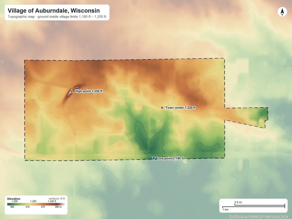 Topographic elevation map of Village of Auburndale, Wisconsin, shaded from 1,190 ft on the south side to 1,250 ft on the west side