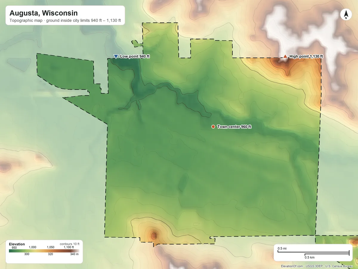 Topographic elevation map of Augusta, Wisconsin, shaded from 940 ft on the northwest side to 1,130 ft on the northeast side
