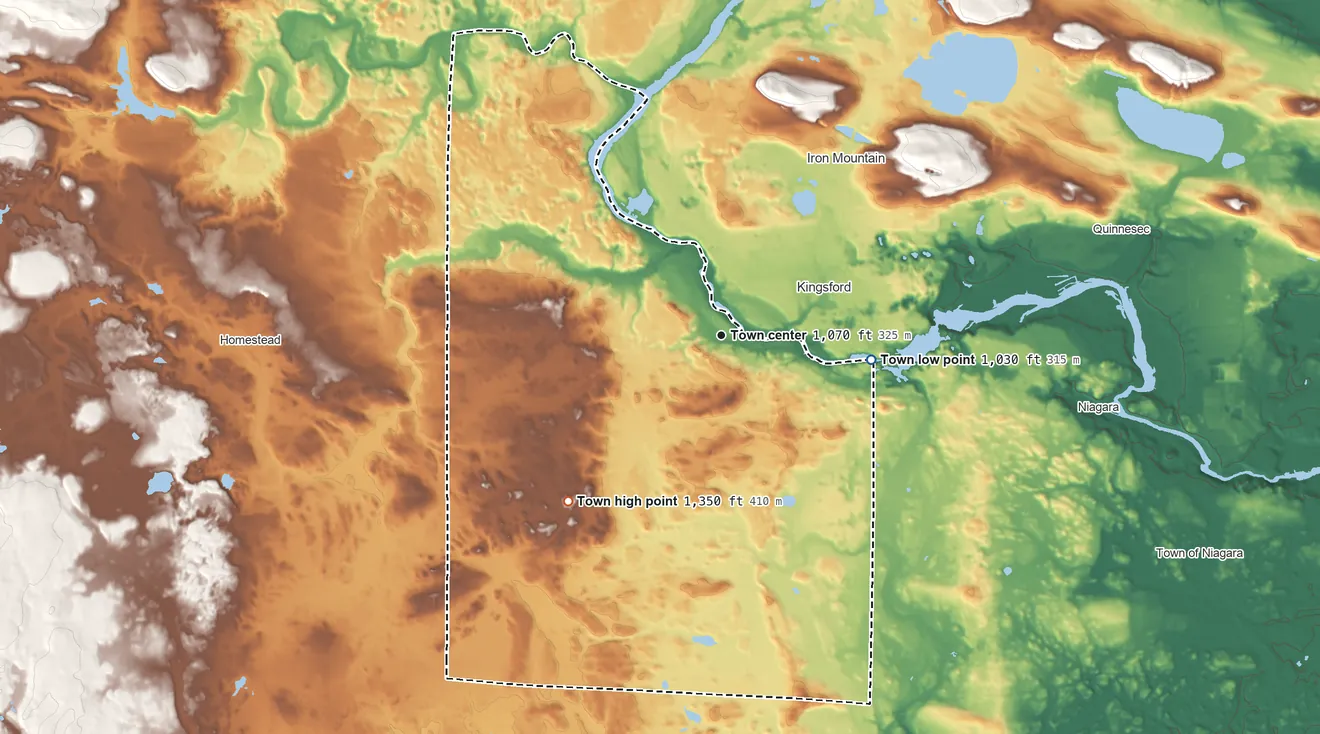 Topographic elevation map of Aurora, Florence County, Wisconsin, shaded from 1,030 ft on the east side to 1,350 ft on the southwest side