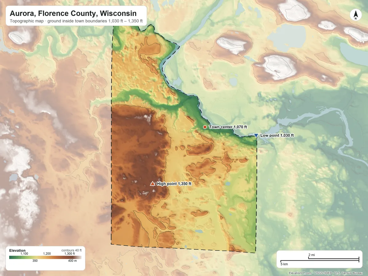 Topographic elevation map of Aurora, Florence County, Wisconsin, shaded from 1,030 ft on the east side to 1,350 ft on the southwest side