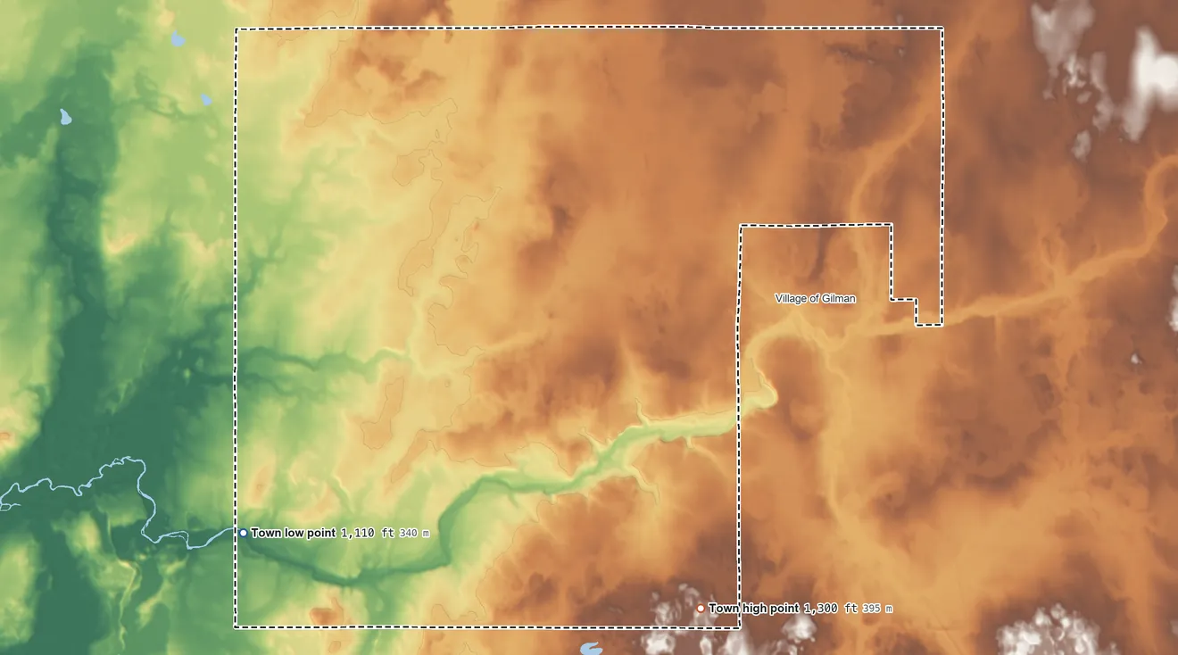 Topographic elevation map of Aurora, Taylor County, Wisconsin, shaded from 1,110 ft on the southwest side to 1,300 ft on the southeast side