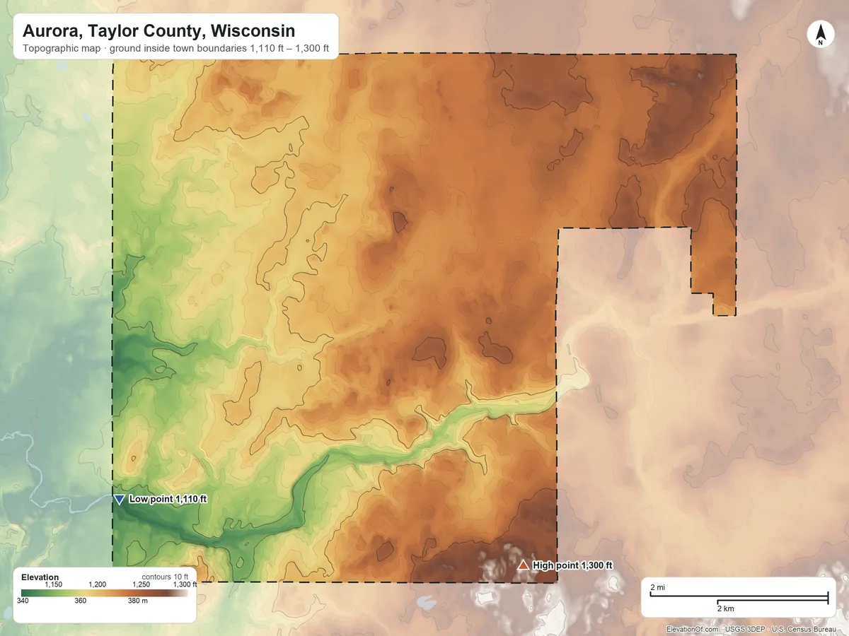 Topographic elevation map of Aurora, Taylor County, Wisconsin, shaded from 1,110 ft on the southwest side to 1,300 ft on the southeast side