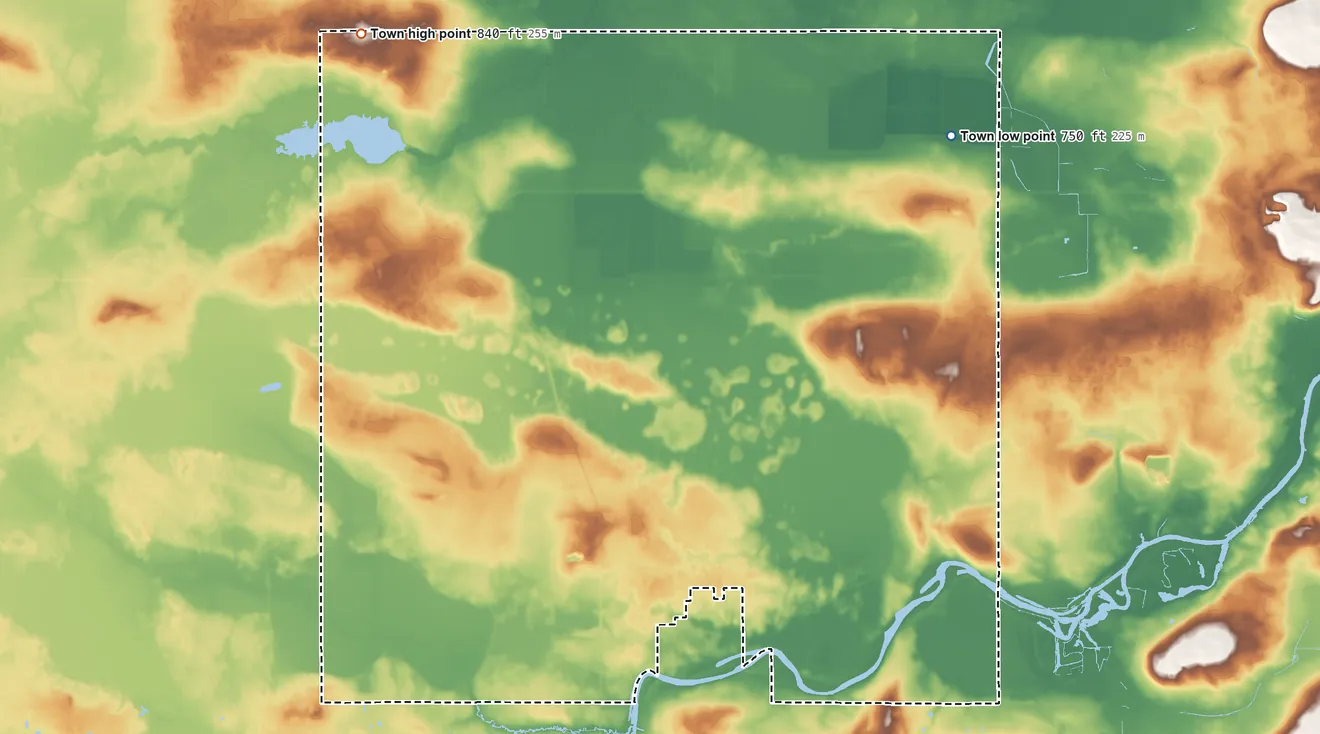 Topographic elevation map of Aurora, Wisconsin, shaded from 750 ft on the northeast side to 840 ft on the northwest side