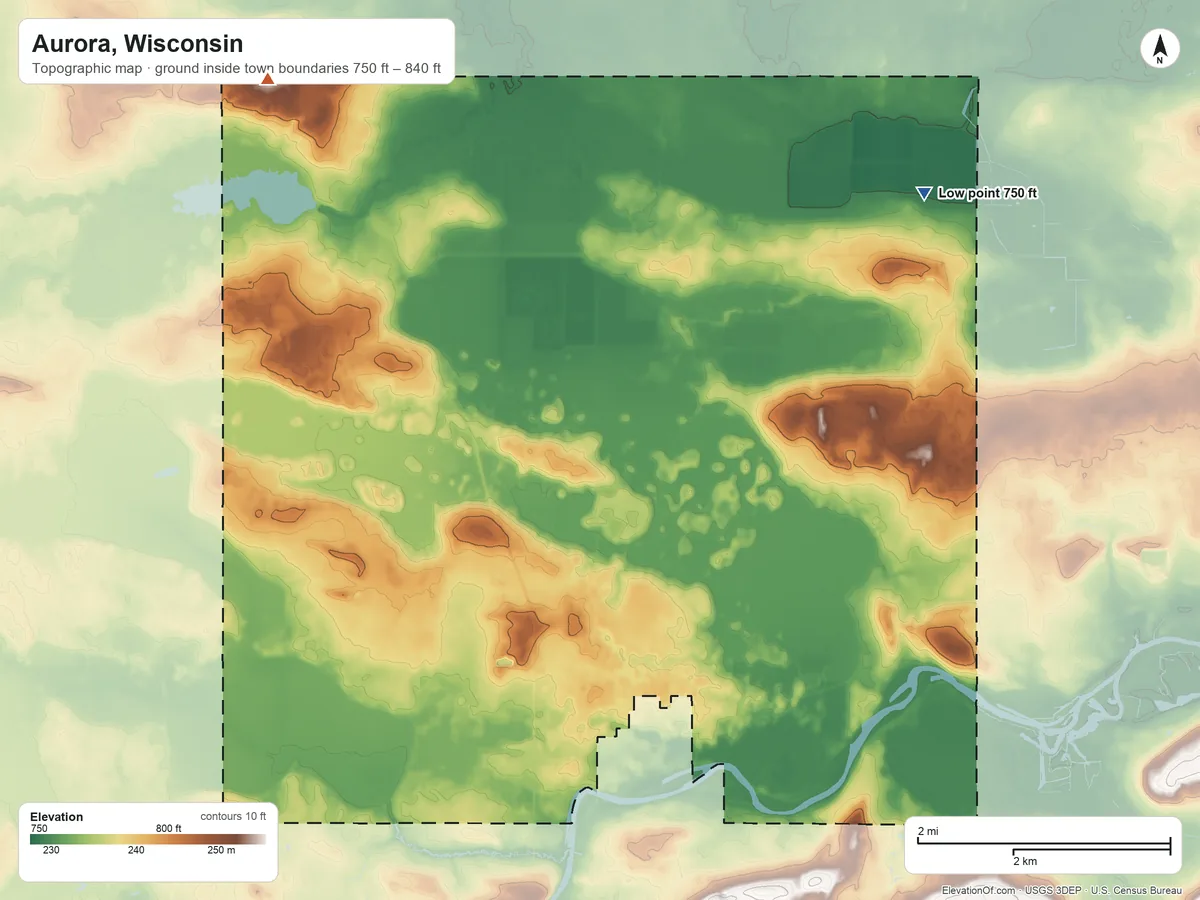 Topographic elevation map of Aurora, Wisconsin, shaded from 750 ft on the northeast side to 840 ft on the northwest side