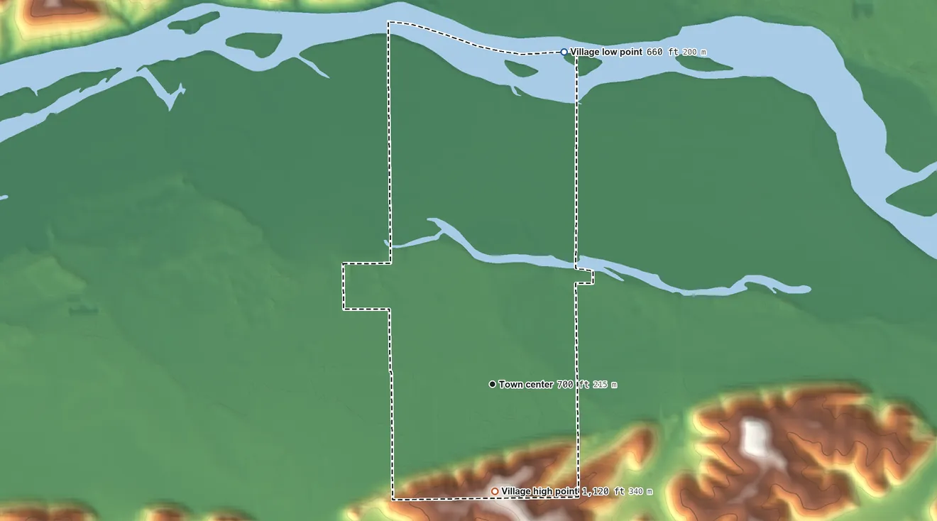 Topographic elevation map of Avoca, Wisconsin, shaded from 660 ft on the north side to 1,120 ft on the south side