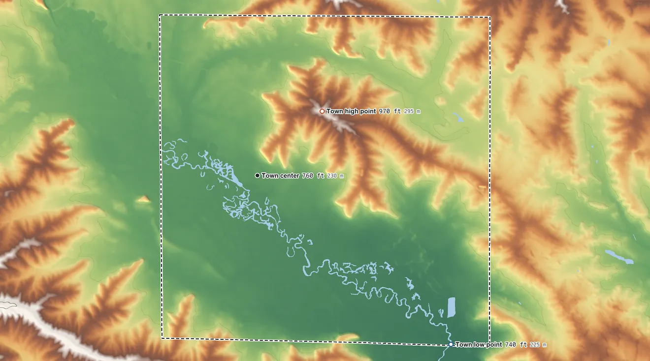 Topographic elevation map of Avon, Wisconsin, shaded from 740 ft on the southeast side to 970 ft on the northeast side