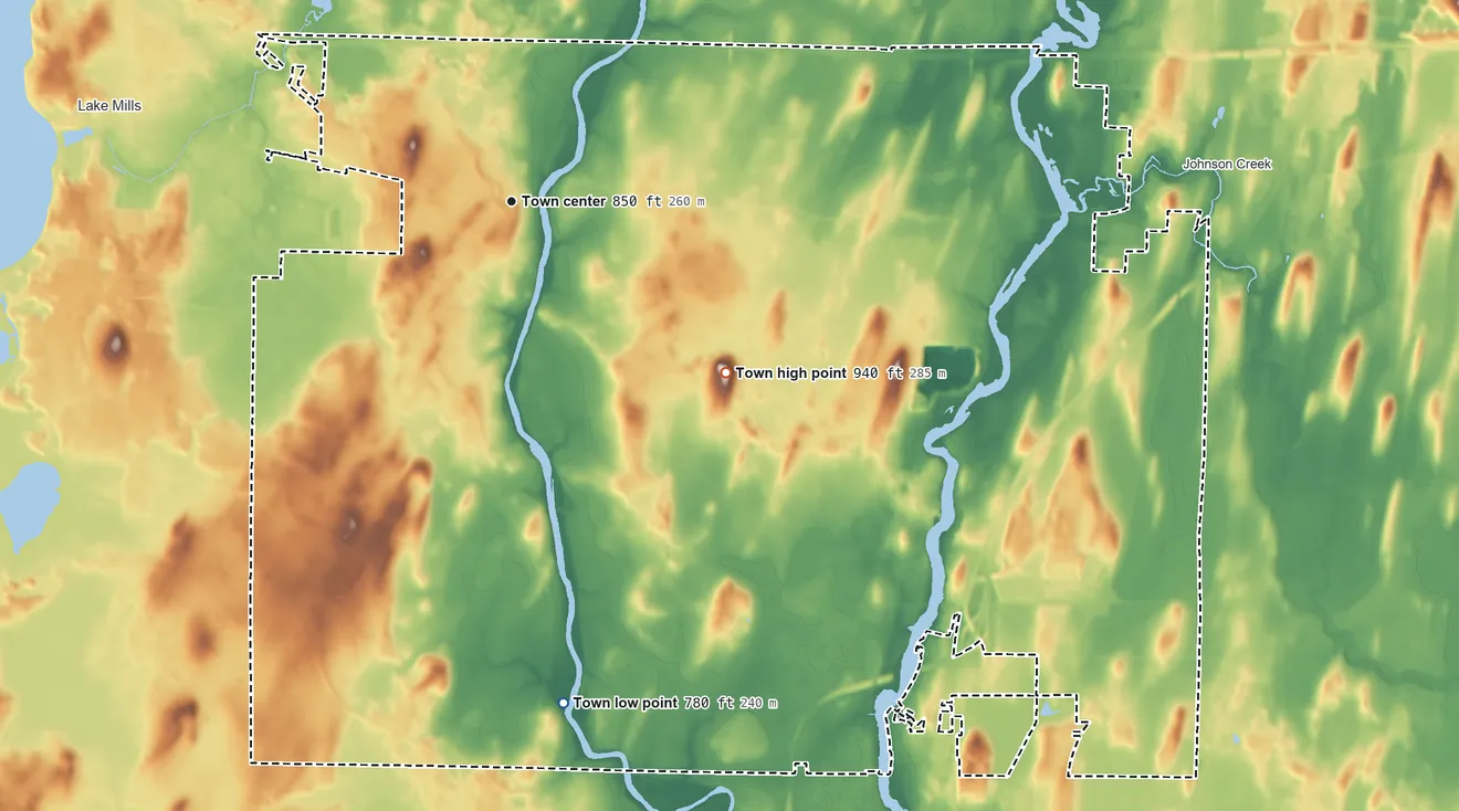 Topographic elevation map of Aztalan, Wisconsin, shaded from 780 ft on the south side to 940 ft on the southeast side