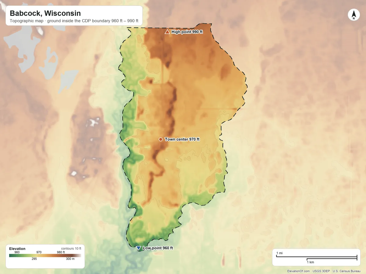 Topographic elevation map of Babcock, Wisconsin, shaded from 960 ft on the south side to 990 ft on the north side