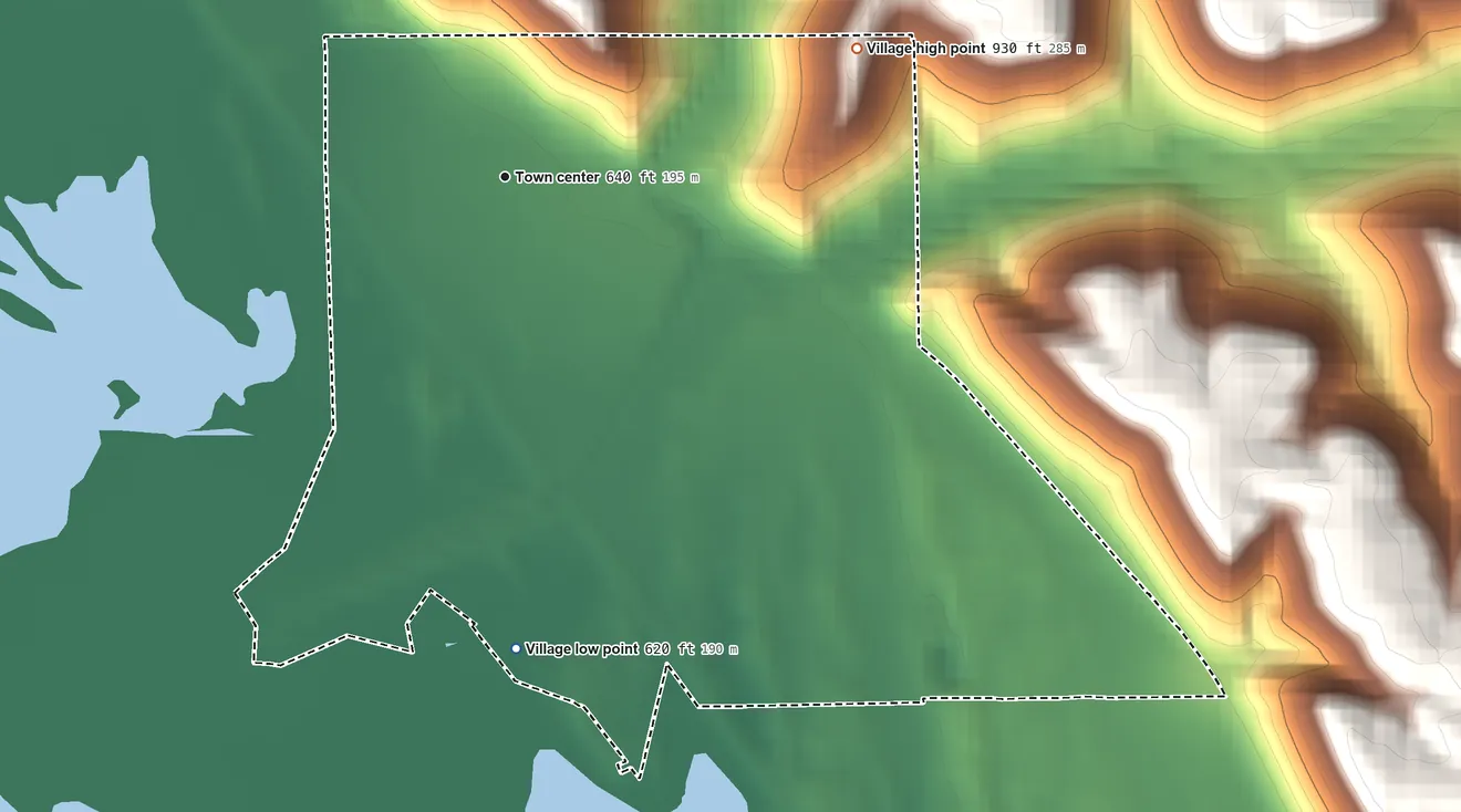 Topographic elevation map of Bagley, Wisconsin, shaded from 620 ft on the south side to 930 ft on the east side