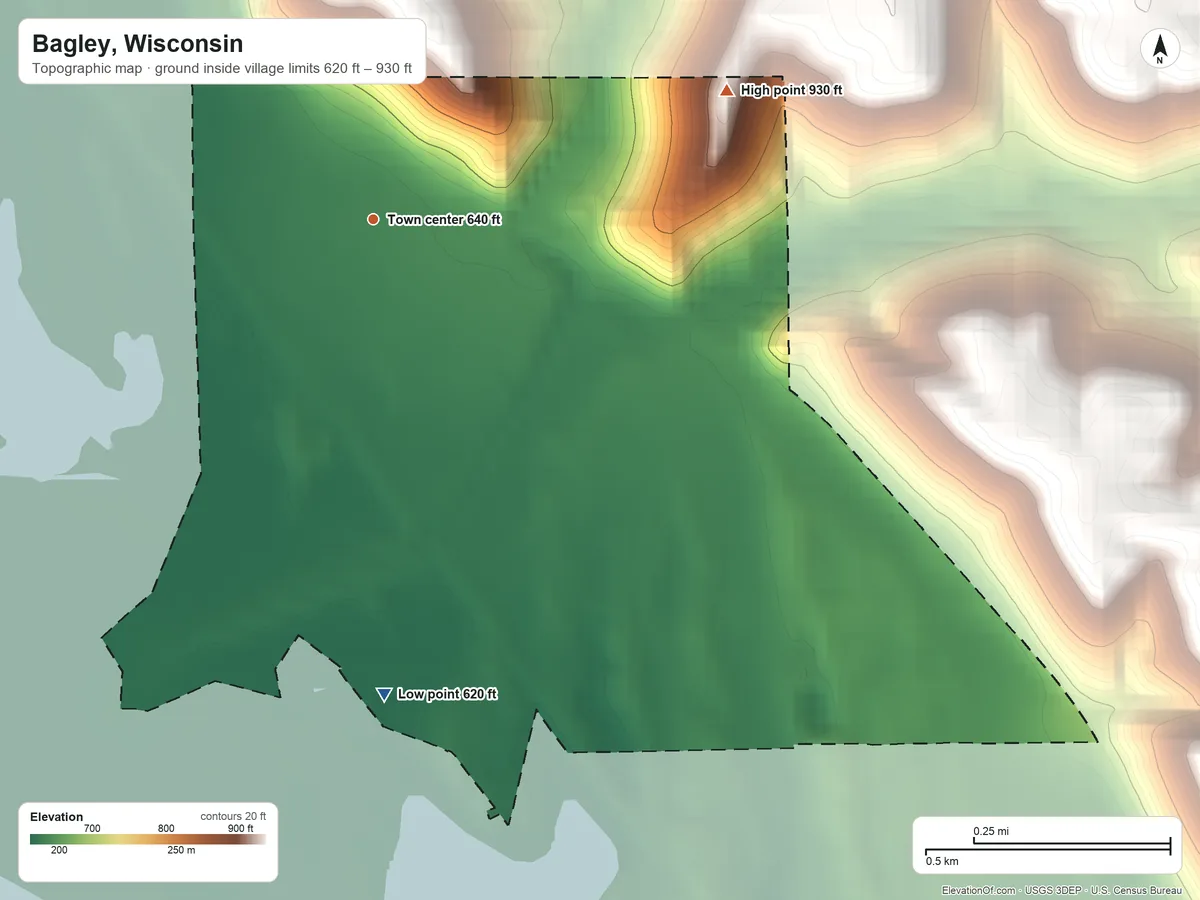 Topographic elevation map of Bagley, Wisconsin, shaded from 620 ft on the south side to 930 ft on the east side