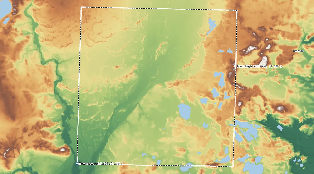 Topographic elevation map of Town of Bagley, Wisconsin, shaded from 800 ft on the southwest side to 920 ft on the northeast side