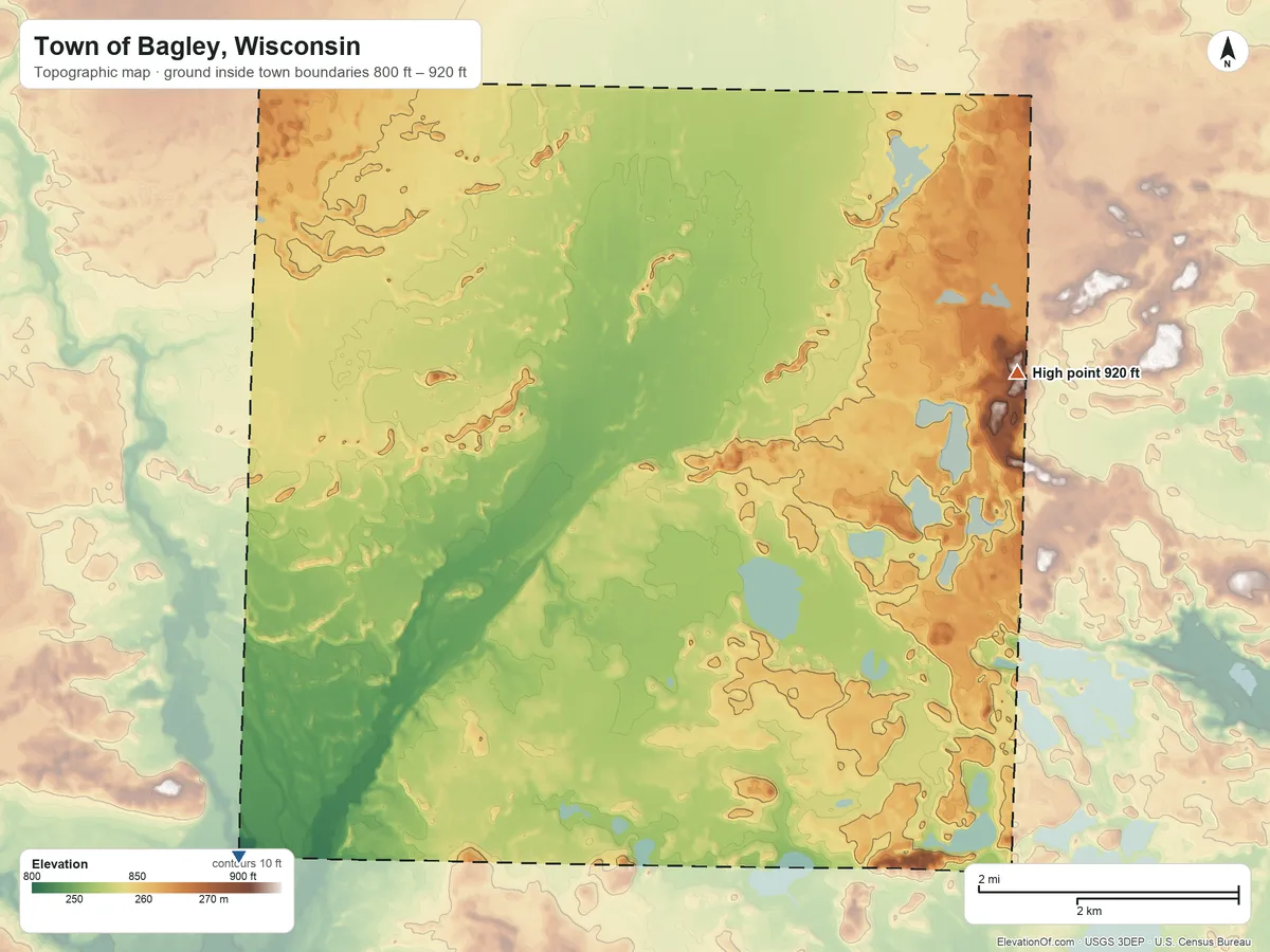 Topographic elevation map of Town of Bagley, Wisconsin, shaded from 800 ft on the southwest side to 920 ft on the northeast side