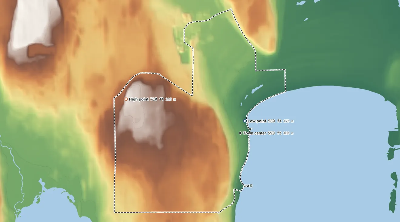 Topographic elevation map of Baileys Harbor, Door County, Wisconsin, shaded from 580 ft near the middle to 710 ft on the west side